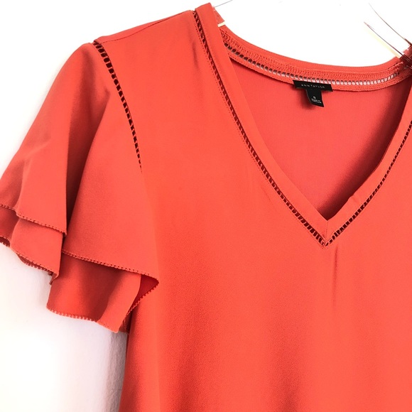 Ann Taylor Red/Orange Eyelet Ruffle Sleeve Blouse - Picture 4 of 6